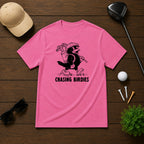 Chasing Birdies- Funny retro vintage style golf shirt of a bird carrying a golf bag full of clubs. 