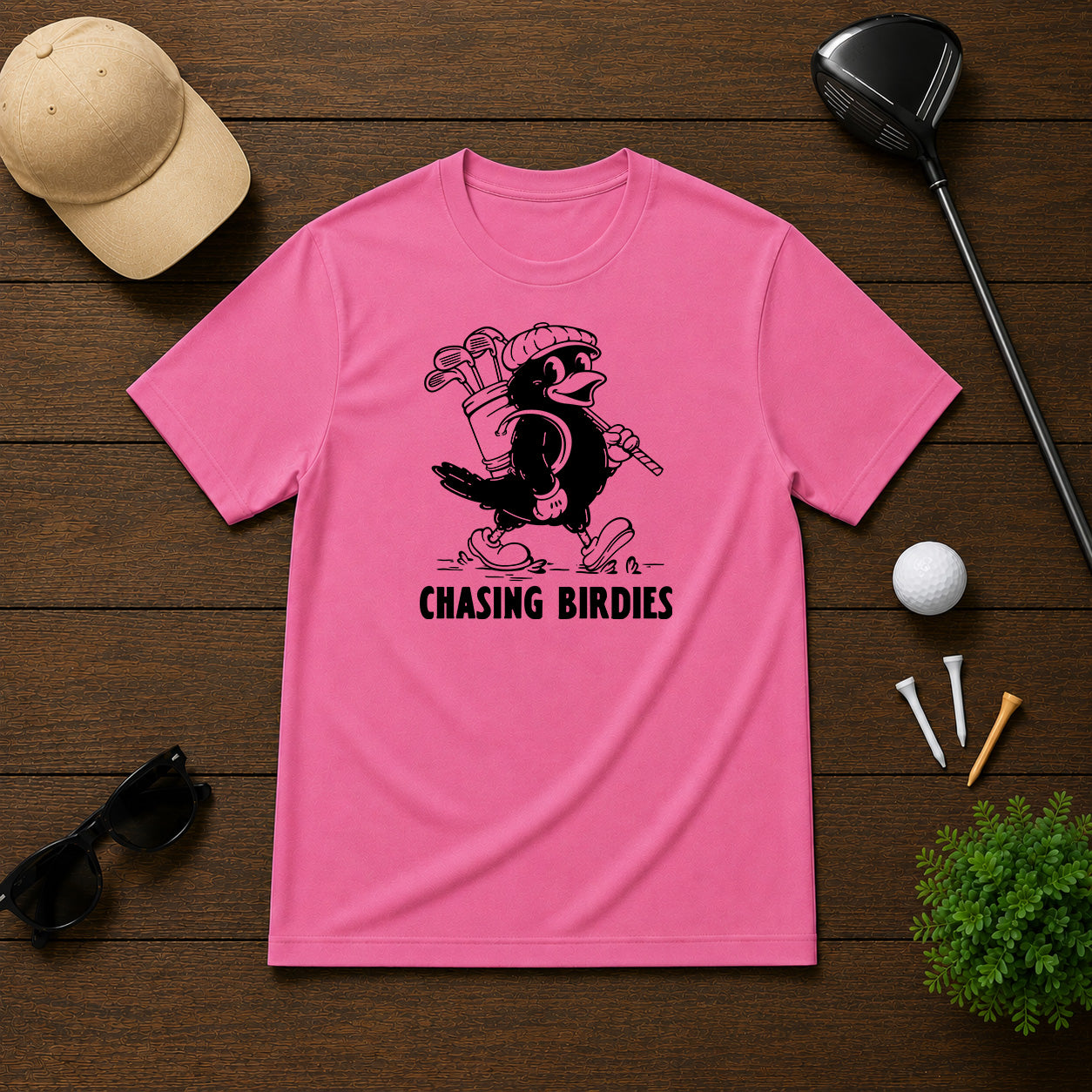 Chasing Birdies- Funny retro vintage style golf shirt of a bird carrying a golf bag full of clubs. 