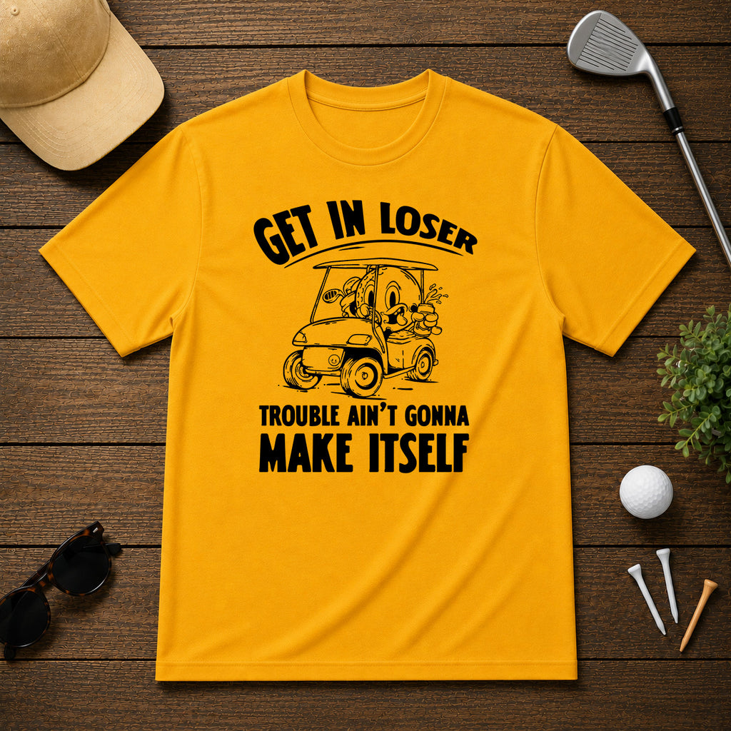 Funny Golf ball character in a golf cart holding a beer saying get in loser 