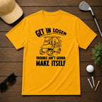 Funny Golf ball character in a golf cart holding a beer saying get in loser 