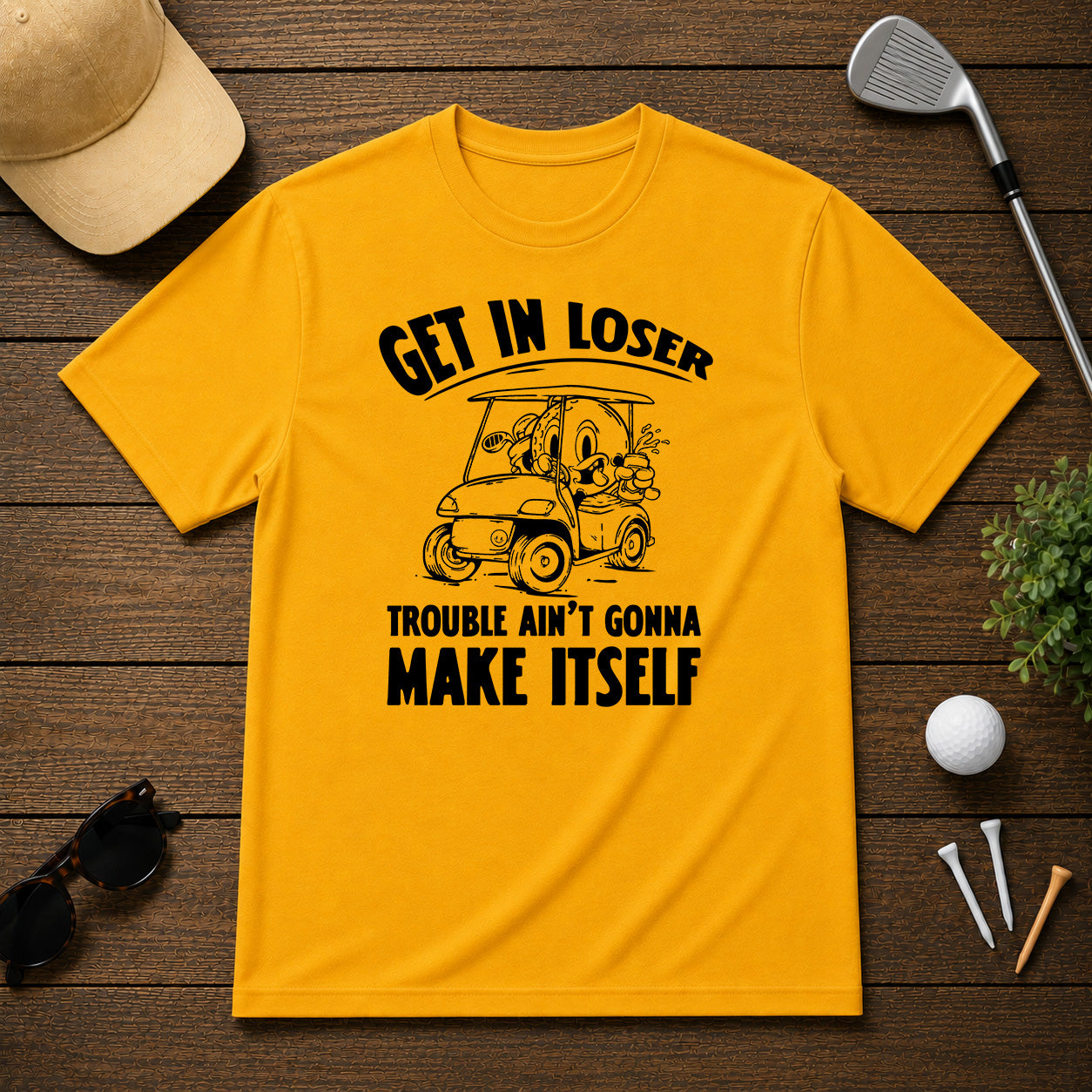 Funny Golf ball character in a golf cart holding a beer saying get in loser 