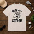 Funny Golf ball character in a golf cart holding a beer saying get in loser 