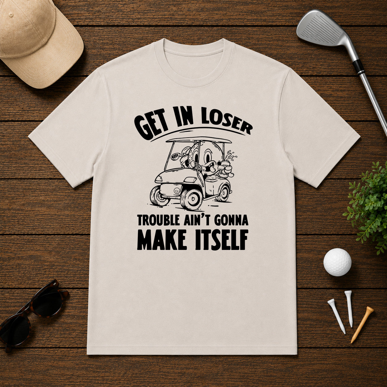 Funny Golf ball character in a golf cart holding a beer saying get in loser 
