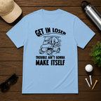 Funny Golf ball character in a golf cart holding a beer saying get in loser 