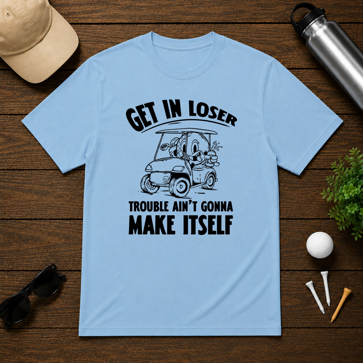 Funny Golf ball character in a golf cart holding a beer saying get in loser 