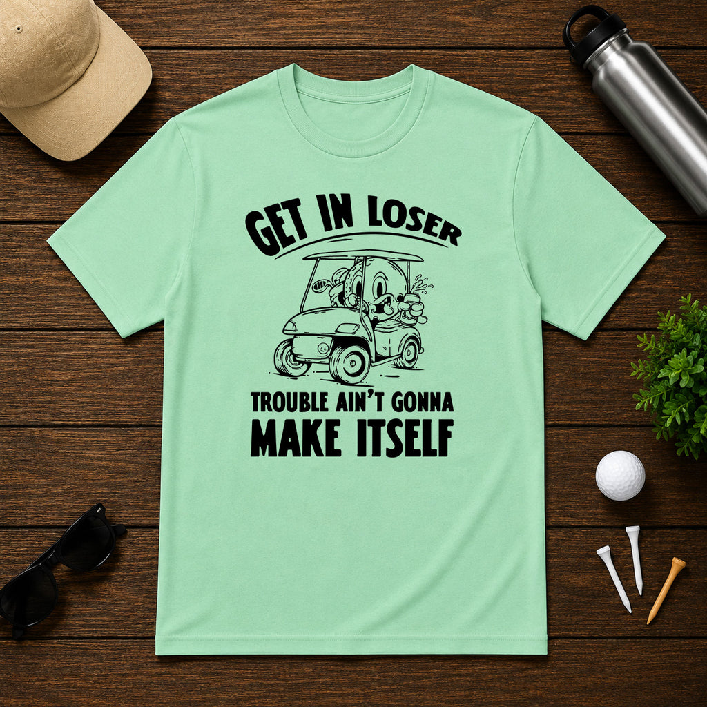Funny Golf ball character in a golf cart holding a beer saying get in loser 