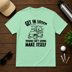 Funny Golf ball character in a golf cart holding a beer saying get in loser 