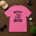 Funny Golf ball character in a golf cart holding a beer saying get in loser 