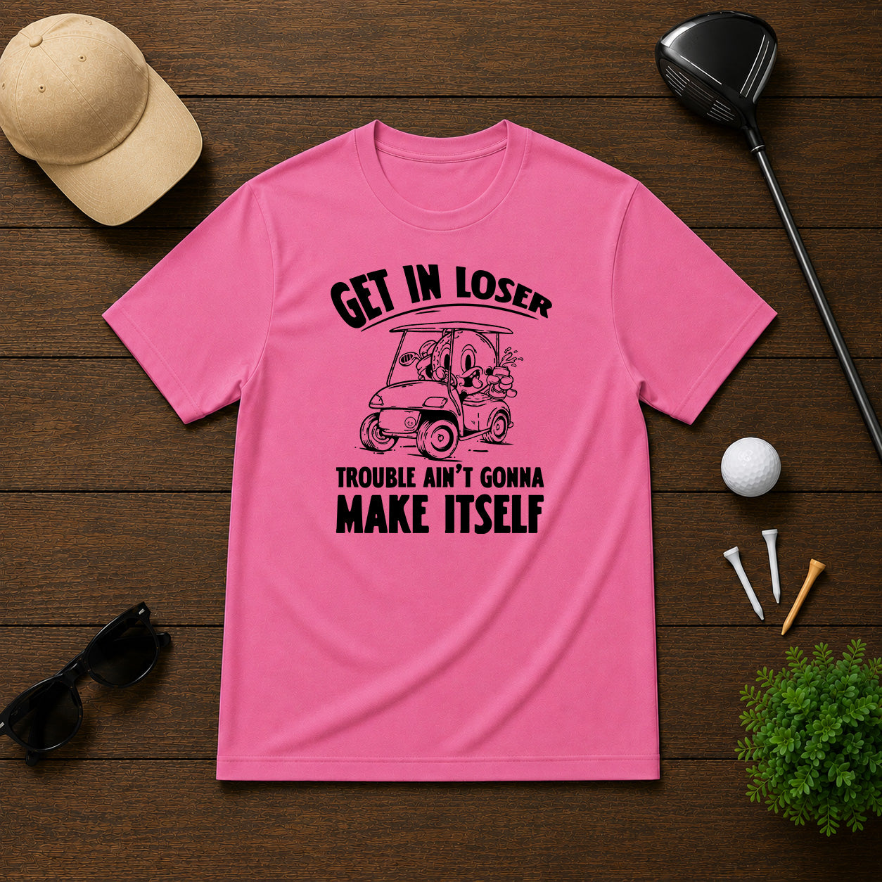 Funny Golf ball character in a golf cart holding a beer saying get in loser 