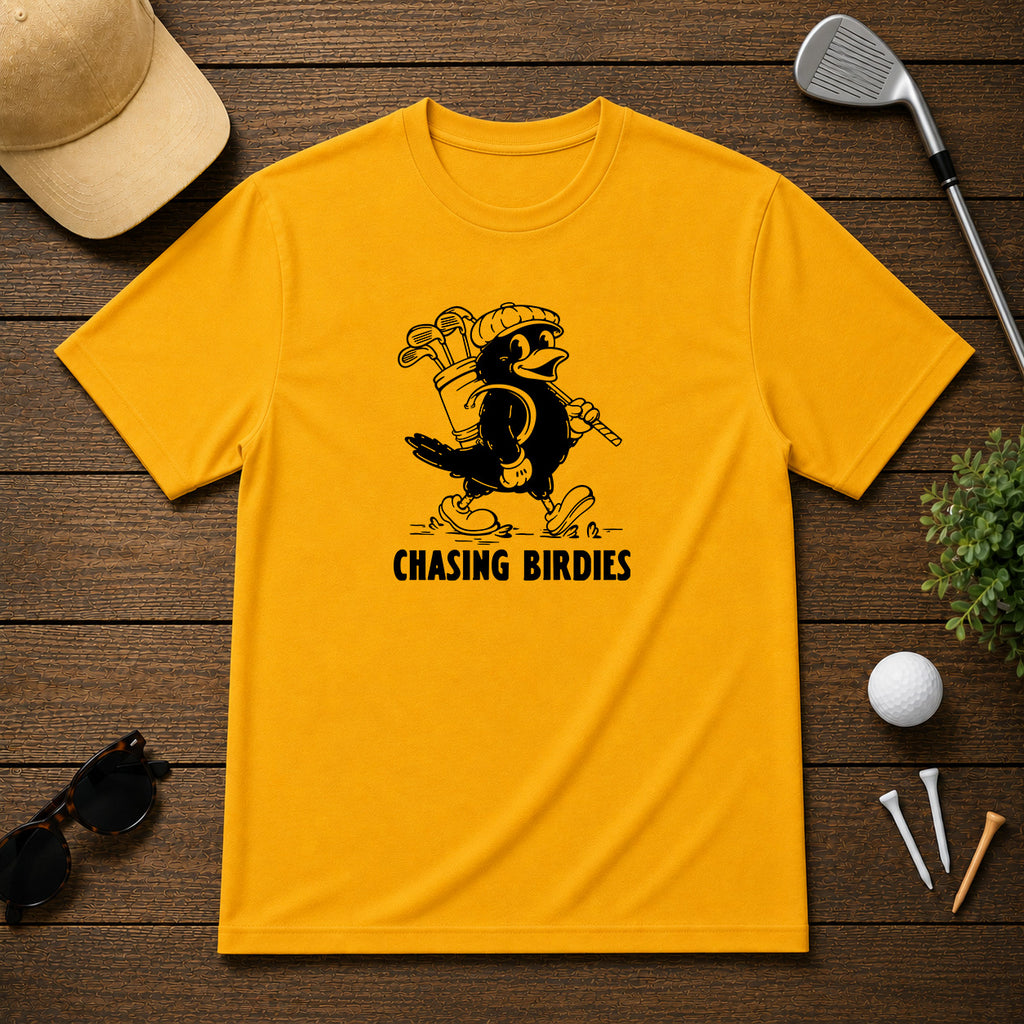Chasing Birdies- Funny retro vintage style golf shirt of a bird carrying a golf bag full of clubs. 