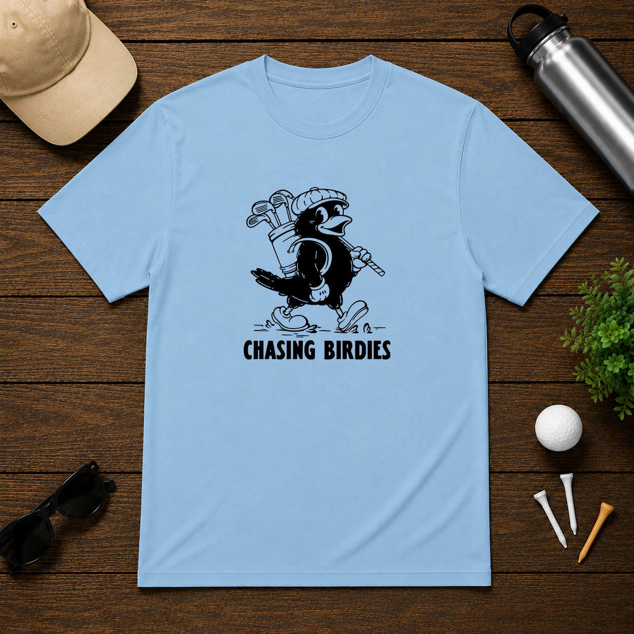 Chasing Birdies- Funny retro vintage style golf shirt of a bird carrying a golf bag full of clubs. 