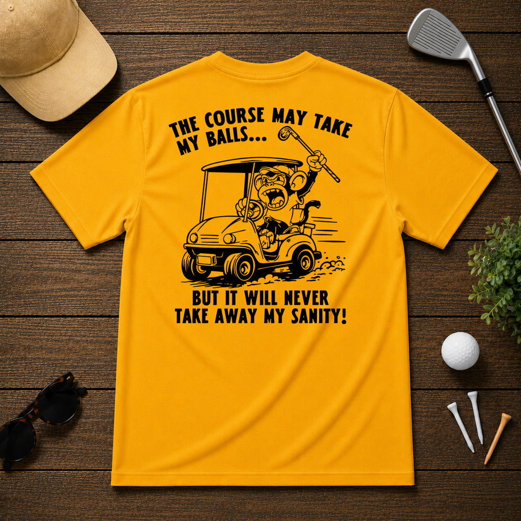 Mulligan Syndicate  Funny sarcastic golf shirt, of an angry monkey in a golf cart.