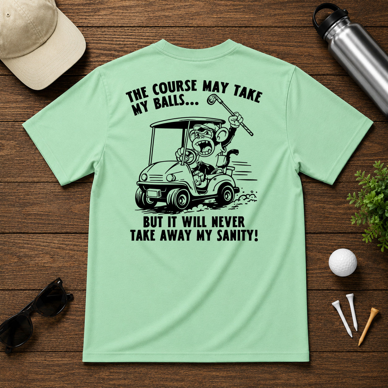 Mulligan Syndicate  Funny sarcastic golf shirt, of an angry monkey in a golf cart.