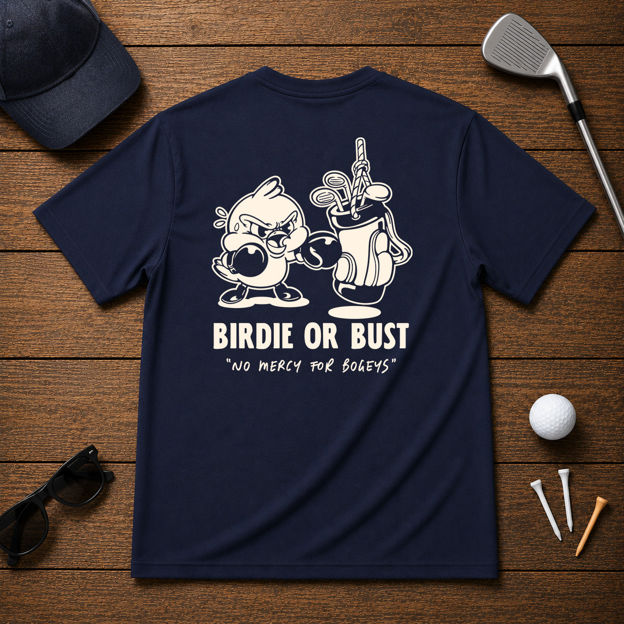 Birdie training on a golf bag full clubs