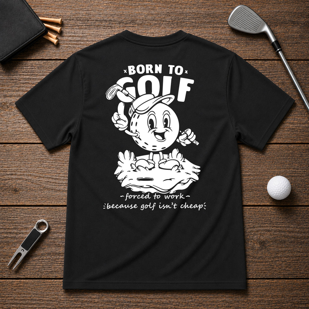 Born to golf funny retro vintage golf shirt. Golf ball character holding its hand up and pointing up and holding a golf club in the other.