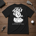 Born to golf funny retro vintage golf shirt. Golf ball character holding its hand up and pointing up and holding a golf club in the other.