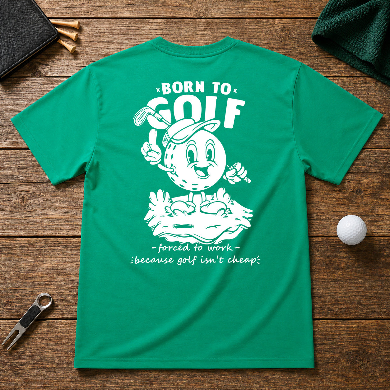 Born to golf funny retro vintage golf shirt. Golf ball character holding its hand up and pointing up and holding a golf club in the other.