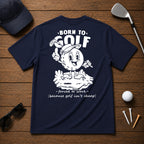 Born to golf funny retro vintage golf shirt. Golf ball character holding its hand up and pointing up and holding a golf club in the other.