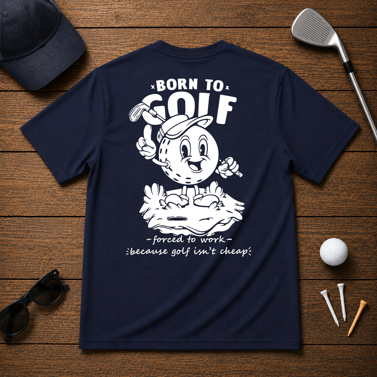 Born to golf funny retro vintage golf shirt. Golf ball character holding its hand up and pointing up and holding a golf club in the other.