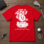 Born to golf funny retro vintage golf shirt. Golf ball character holding its hand up and pointing up and holding a golf club in the other.
