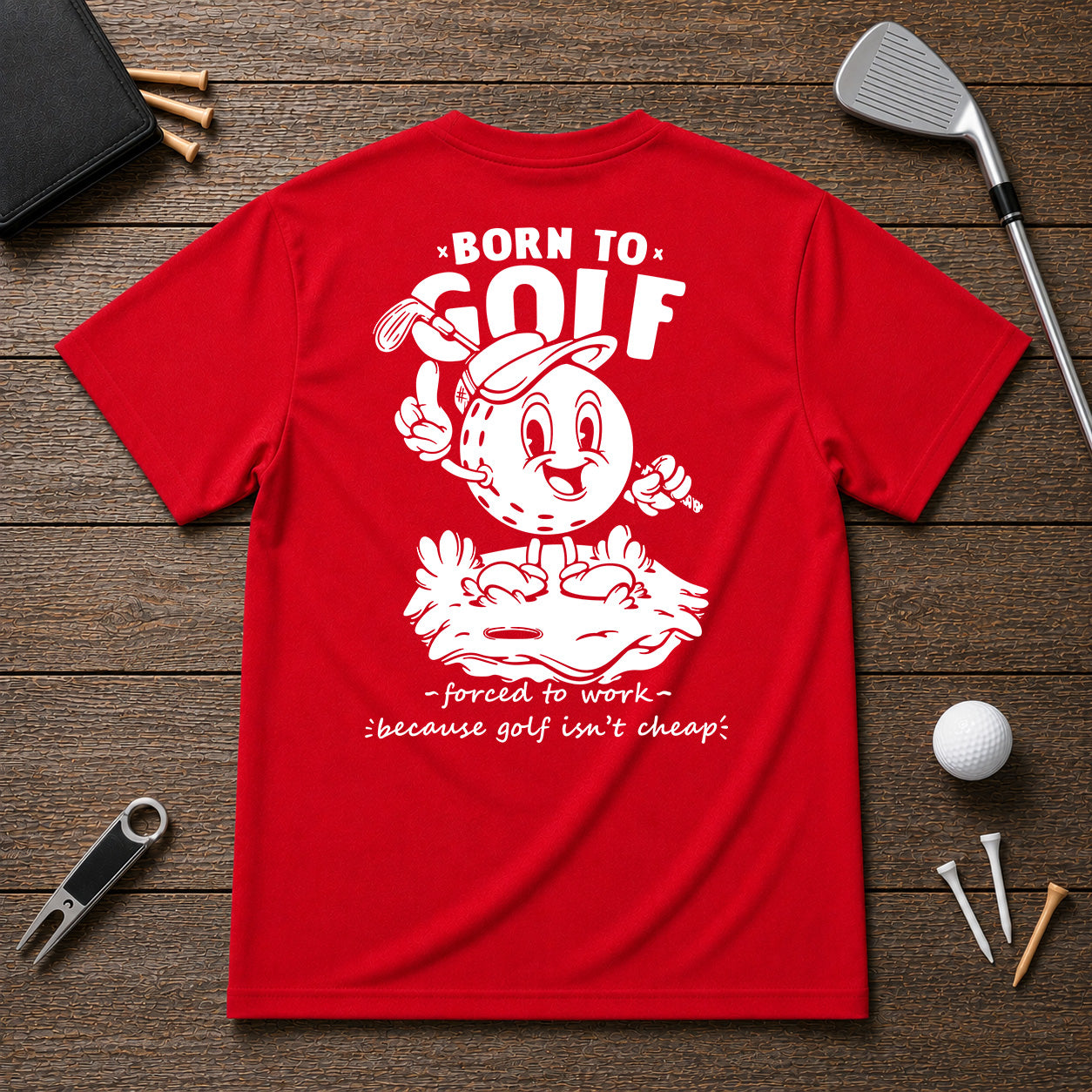 Born to golf funny retro vintage golf shirt. Golf ball character holding its hand up and pointing up and holding a golf club in the other.
