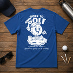 Born to golf funny retro vintage golf shirt. Golf ball character holding its hand up and pointing up and holding a golf club in the other.