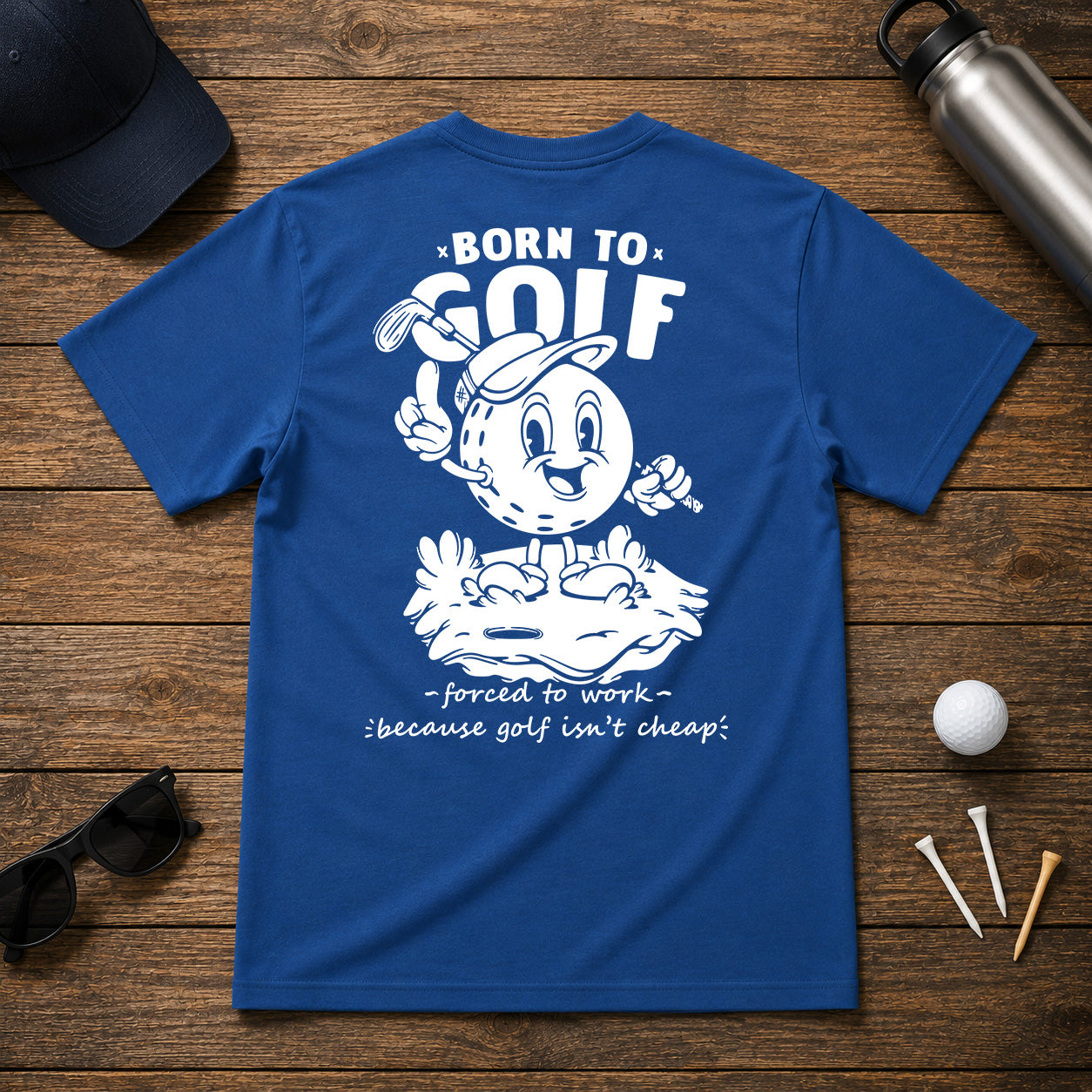 Born to golf funny retro vintage golf shirt. Golf ball character holding its hand up and pointing up and holding a golf club in the other.