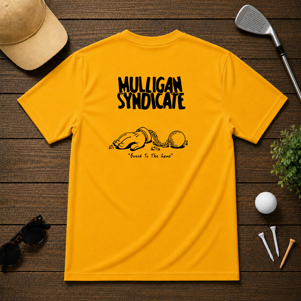 Mulligan Syndicacte Bound To The Game-  Cartoon hand connected to a golf ball by a chain. Sarcastic funny joke humor golf tee.