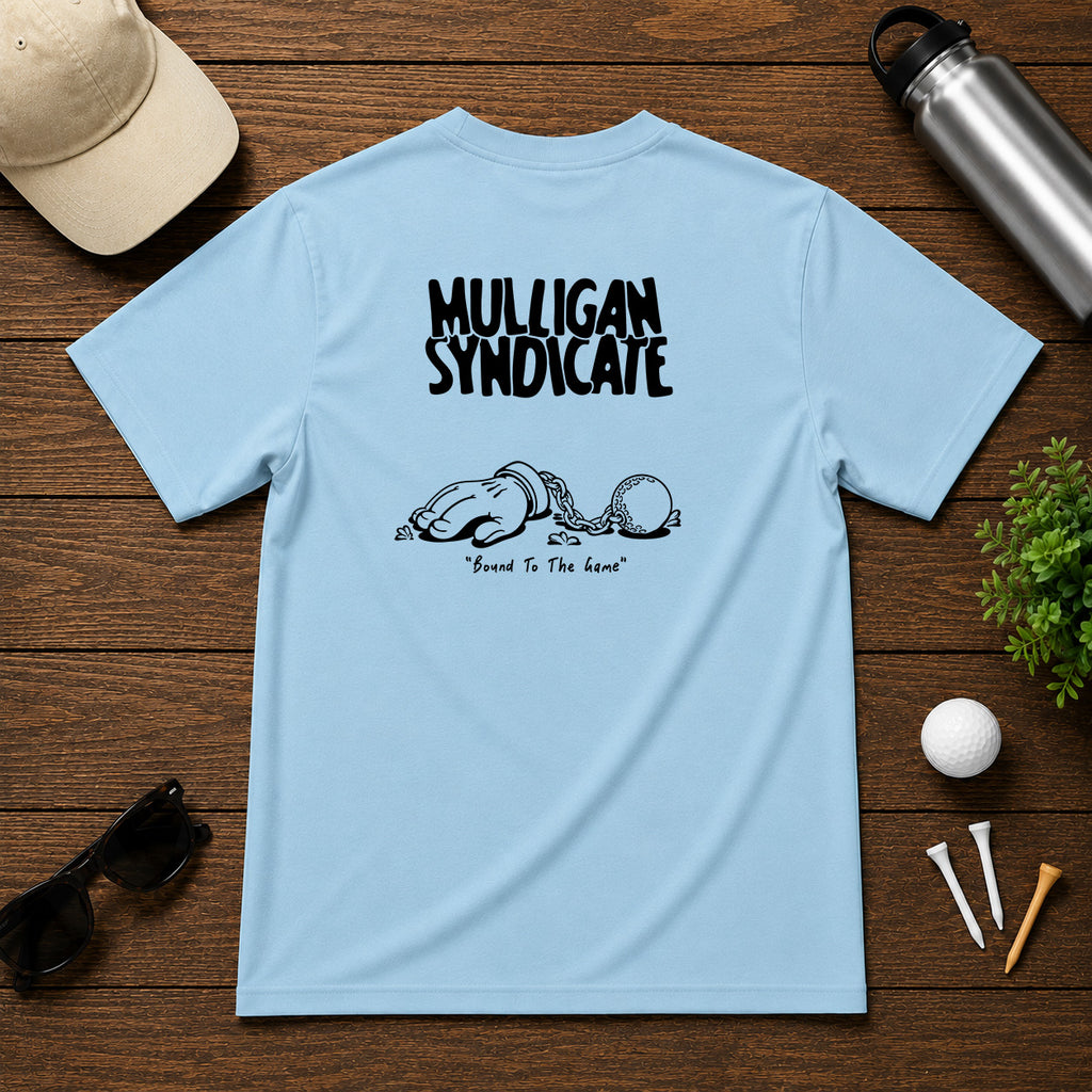 Mulligan Syndicacte Bound To The Game-  Cartoon hand connected to a golf ball by a chain. Sarcastic funny joke humor golf tee.