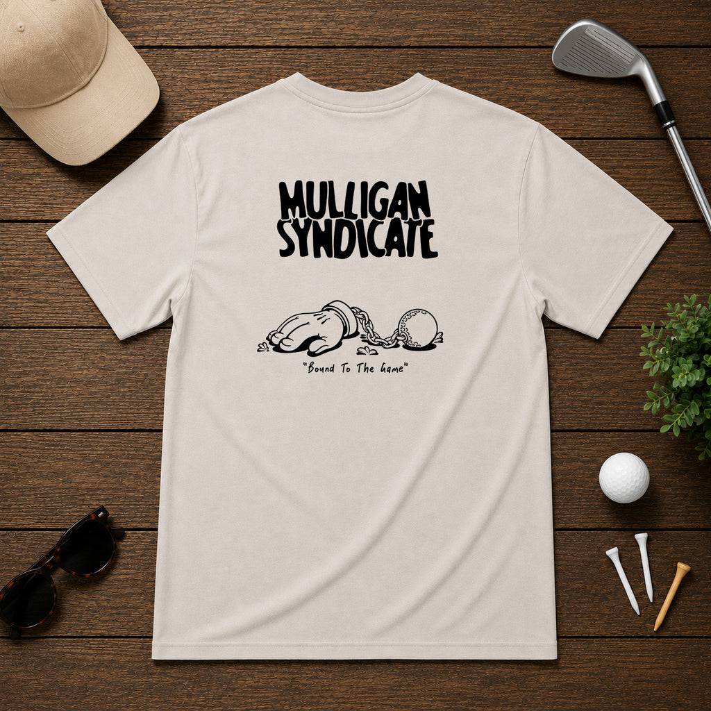 Mulligan Syndicacte Bound To The Game-  Cartoon hand connected to a golf ball by a chain. Sarcastic funny joke humor golf tee.