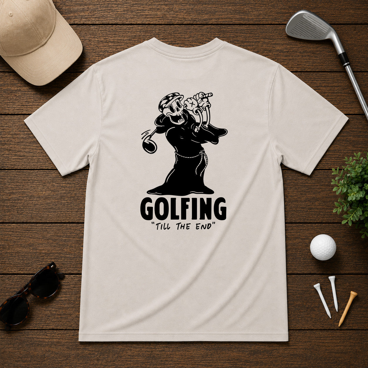 Funny skeleton on the golf course, having a great day on the course