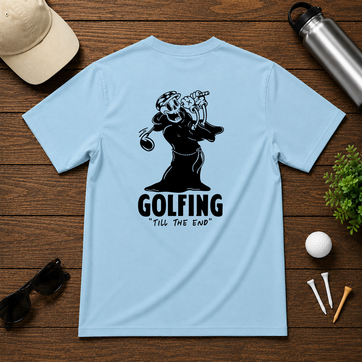 Funny skeleton on the golf course, having a great day on the course