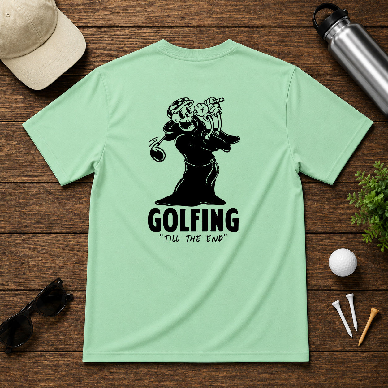 Funny skeleton on the golf course, having a great day on the course