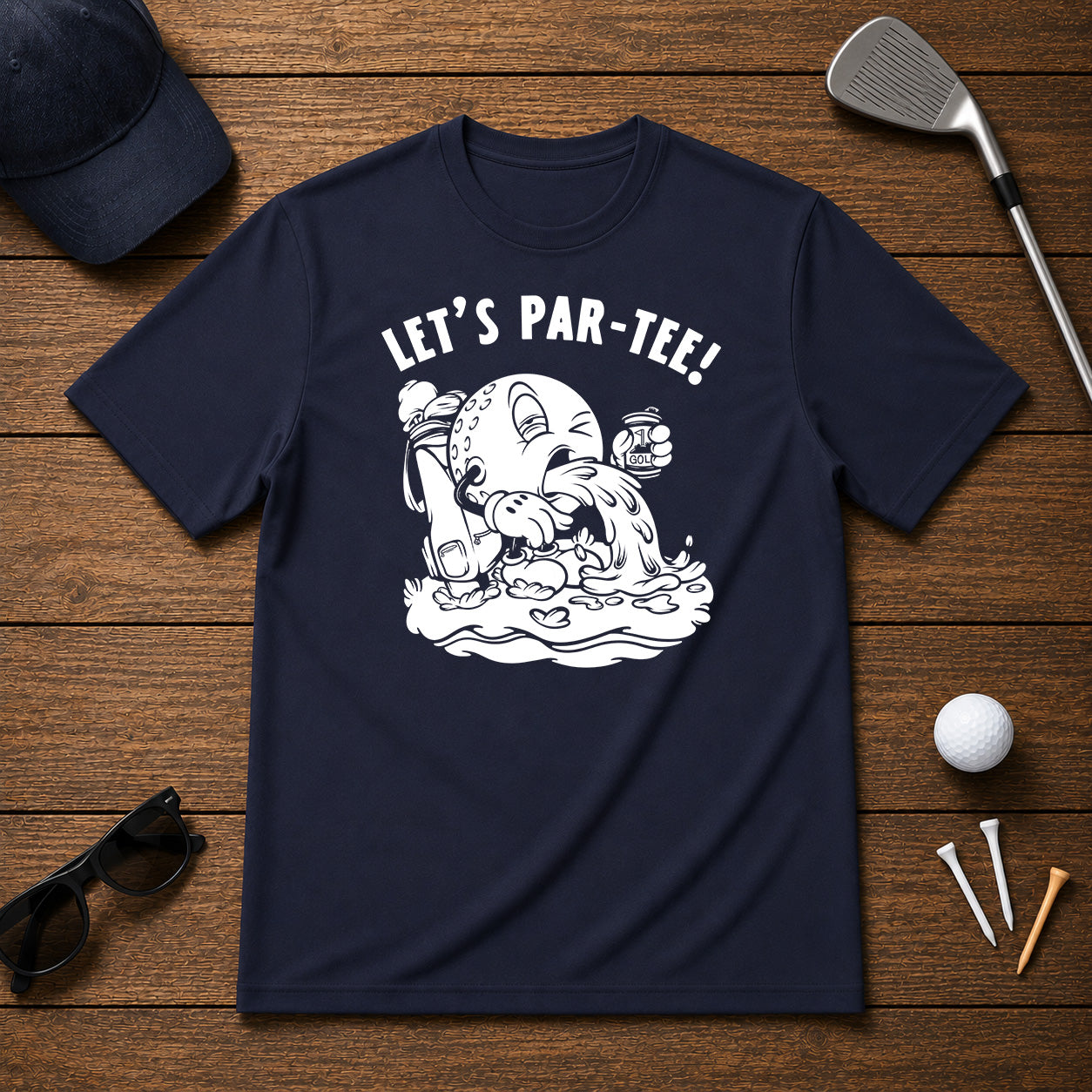 Funny puking golf ball, that can't get enough alcohol.