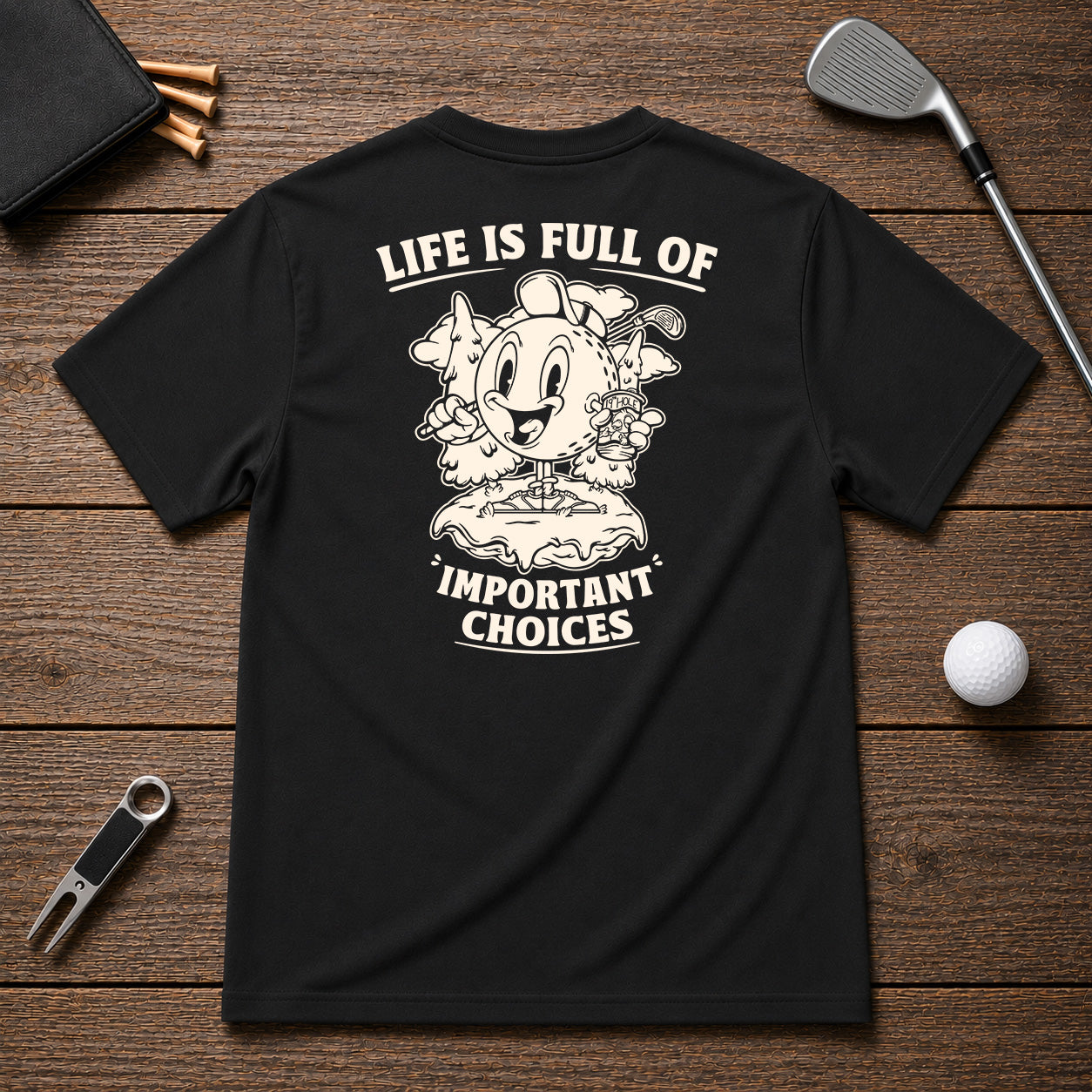 Funny golf ball drinking beer and holding a golf club, in a retro vintage stylized cartoon theme. Great for any golfer looking for a unique golf shirt.