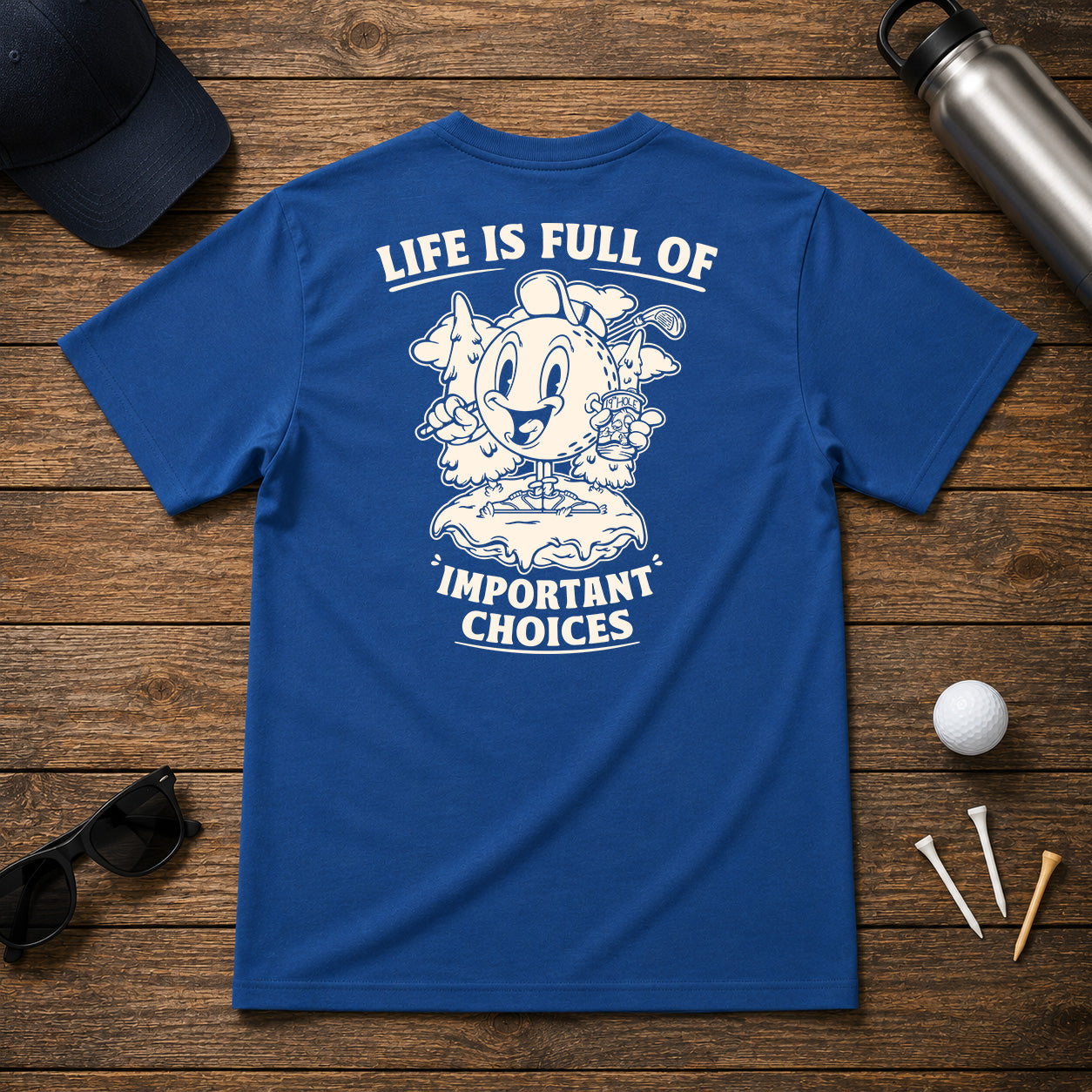 Funny golf ball drinking beer and holding a golf club, in a retro vintage stylized cartoon theme. Great for any golfer looking for a unique golf shirt.