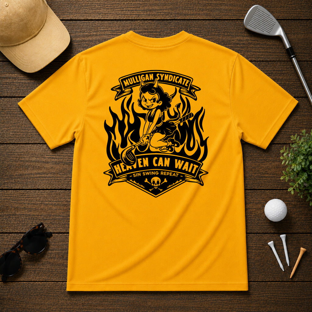 Retro style golf pinup tee shirt. Devilish girl ridding on a golf club, with flames in the background, with the saying Heaven Can Wait.