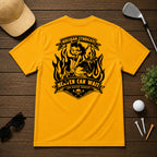 Retro style golf pinup tee shirt. Devilish girl ridding on a golf club, with flames in the background, with the saying Heaven Can Wait.