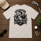 Retro style golf pinup tee shirt. Devilish girl ridding on a golf club, with flames in the background, with the saying Heaven Can Wait.