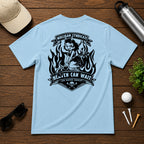 Retro style golf pinup tee shirt. Devilish girl ridding on a golf club, with flames in the background, with the saying Heaven Can Wait.