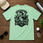 Retro style golf pinup tee shirt. Devilish girl ridding on a golf club, with flames in the background, with the saying Heaven Can Wait.