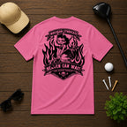 Retro style golf pinup tee shirt. Devilish girl ridding on a golf club, with flames in the background, with the saying Heaven Can Wait.