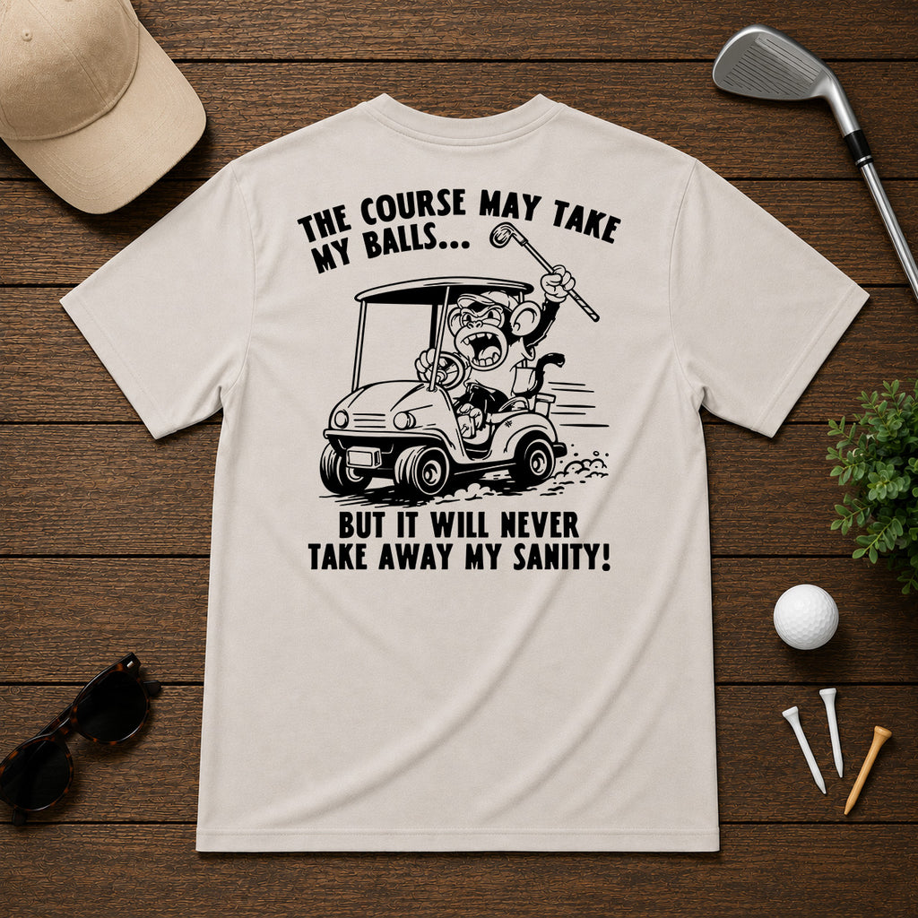 Funny sarcastic golf shirt, of an angry monkey in a golf cart.