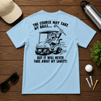 Funny sarcastic golf shirt, of an angry monkey in a golf cart.