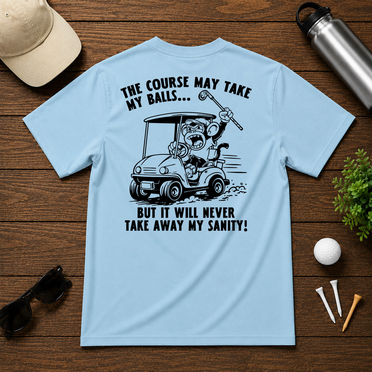 Funny sarcastic golf shirt, of an angry monkey in a golf cart.