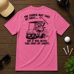 Funny sarcastic golf shirt, of an angry monkey in a golf cart.