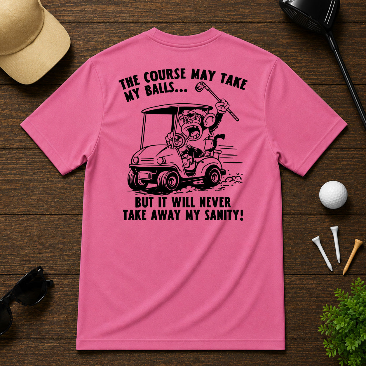 Funny sarcastic golf shirt, of an angry monkey in a golf cart.