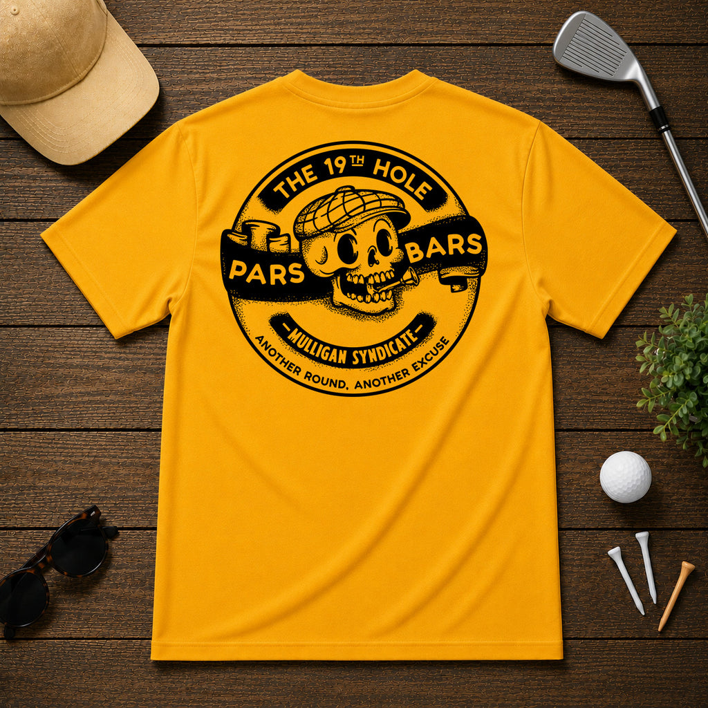 Show you can't wait for the 19th hole, with this stylized retro golf tee. Stylized skull with a golf tee in mouth, with a retro cartoon twist.