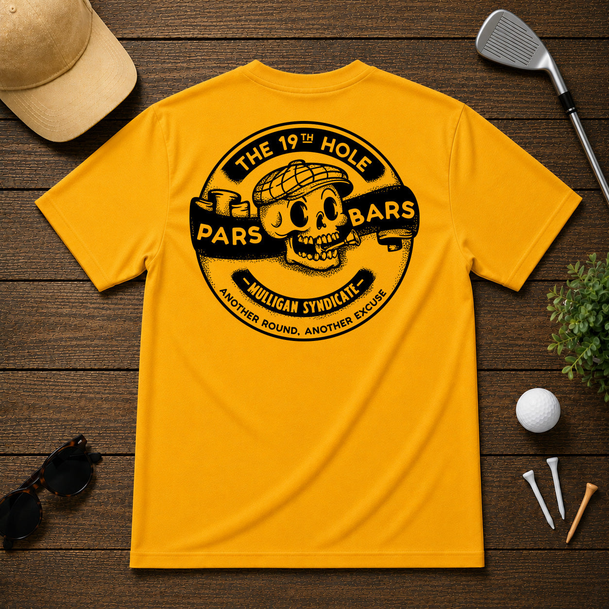 Show you can't wait for the 19th hole, with this stylized retro golf tee. Stylized skull with a golf tee in mouth, with a retro cartoon twist.