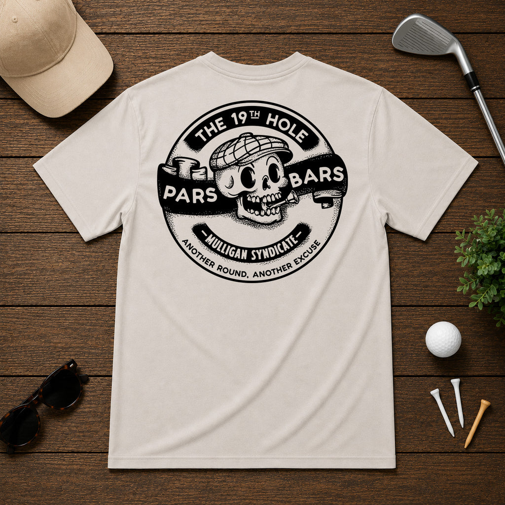 Show you can't wait for the 19th hole, with this stylized retro golf tee. Stylized skull with a golf tee in mouth, with a retro cartoon twist.